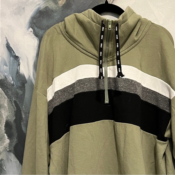 Pink Victoria Secret green long sleeve stripe detail kangaroo pocket pullover L - Picture 2 of 9